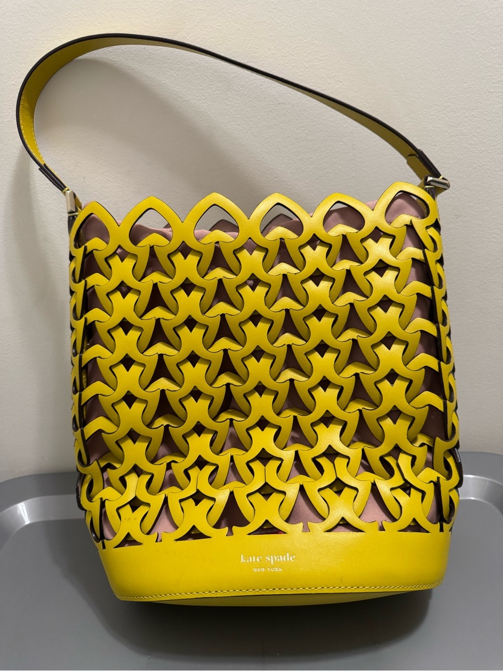 kate spade Yellow Laser-Cut Shoulder Bucket Bag with Pink Lining